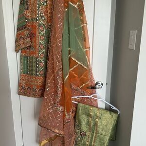 Elegant Green and Orange Embroidered Outfit